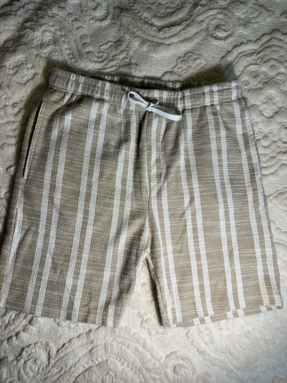 Public Record Striped oat colored  textured elastic Drawstring Shorts.